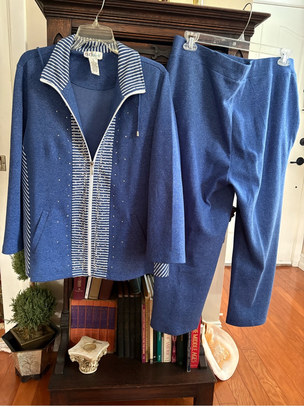 D&D: XL, Blue Two-Piece Knit Jacket & Pant Set with Striped Trim and rhinestones